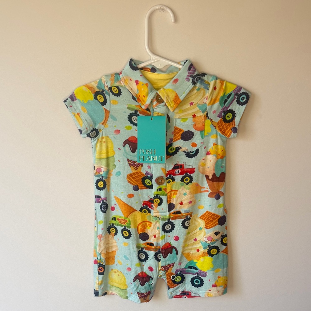 Posh Peanut Pastel Blue Monster Truck Ice Cream Henley Romper - Picture 2 of 9
